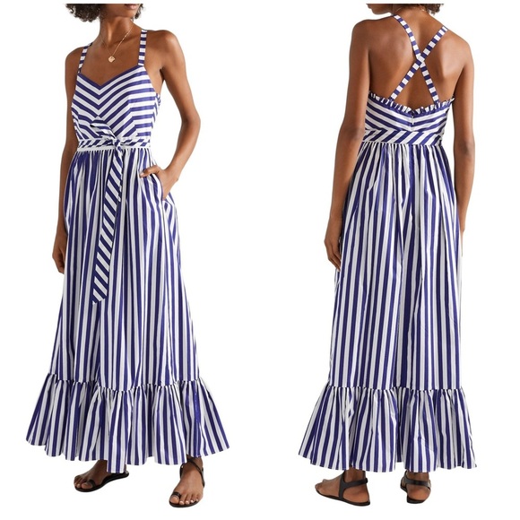 J. CREW Striped Ruffle Cotton Tiered Sleeveless Flowy Maxi Dress Women’s Size 6 - Picture 1 of 12